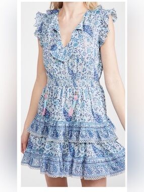 Blue Floral Ruffle Tiered Mini Dress with Tassel Waist